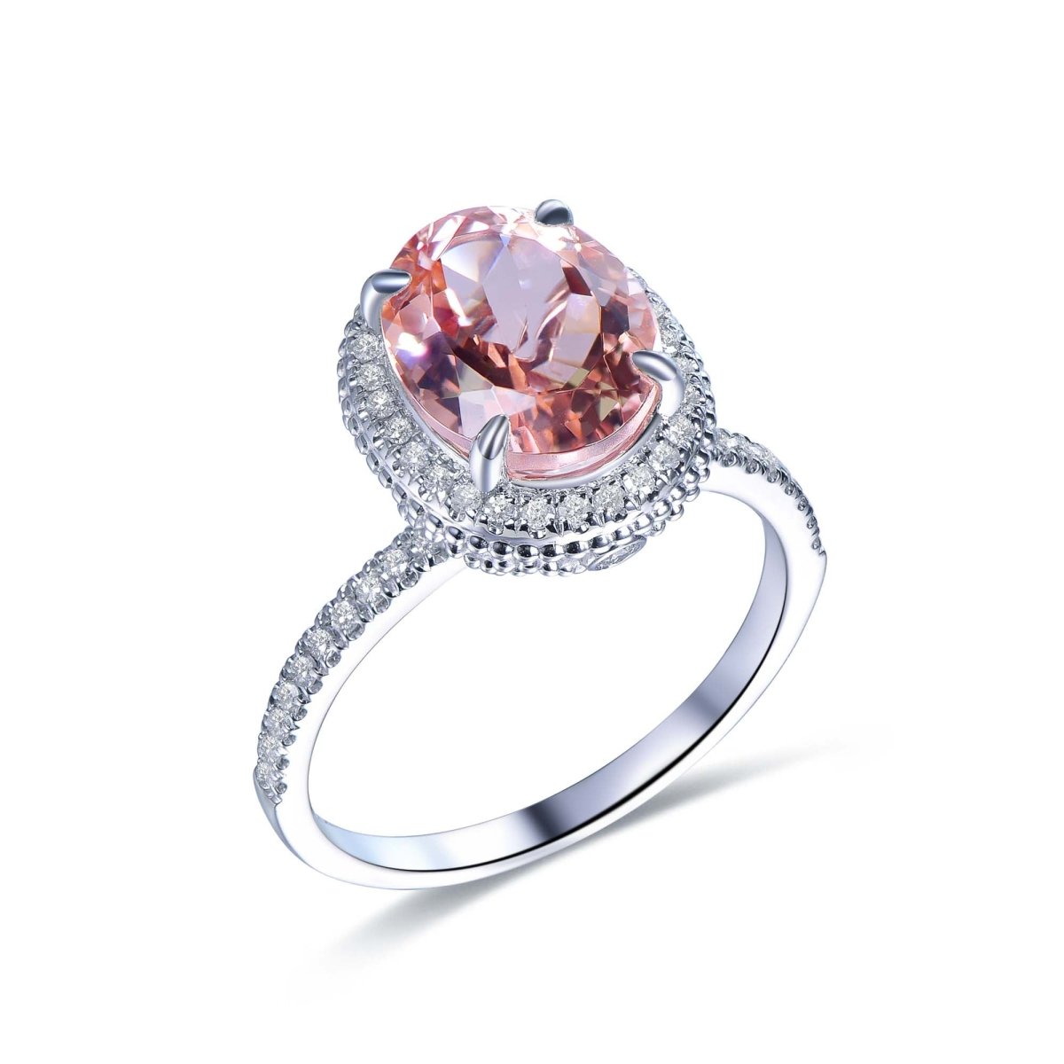 3ct Oval Morganite Engagement Ring Diamond Halo Milgrain under Gallery - Lord of Gem Rings