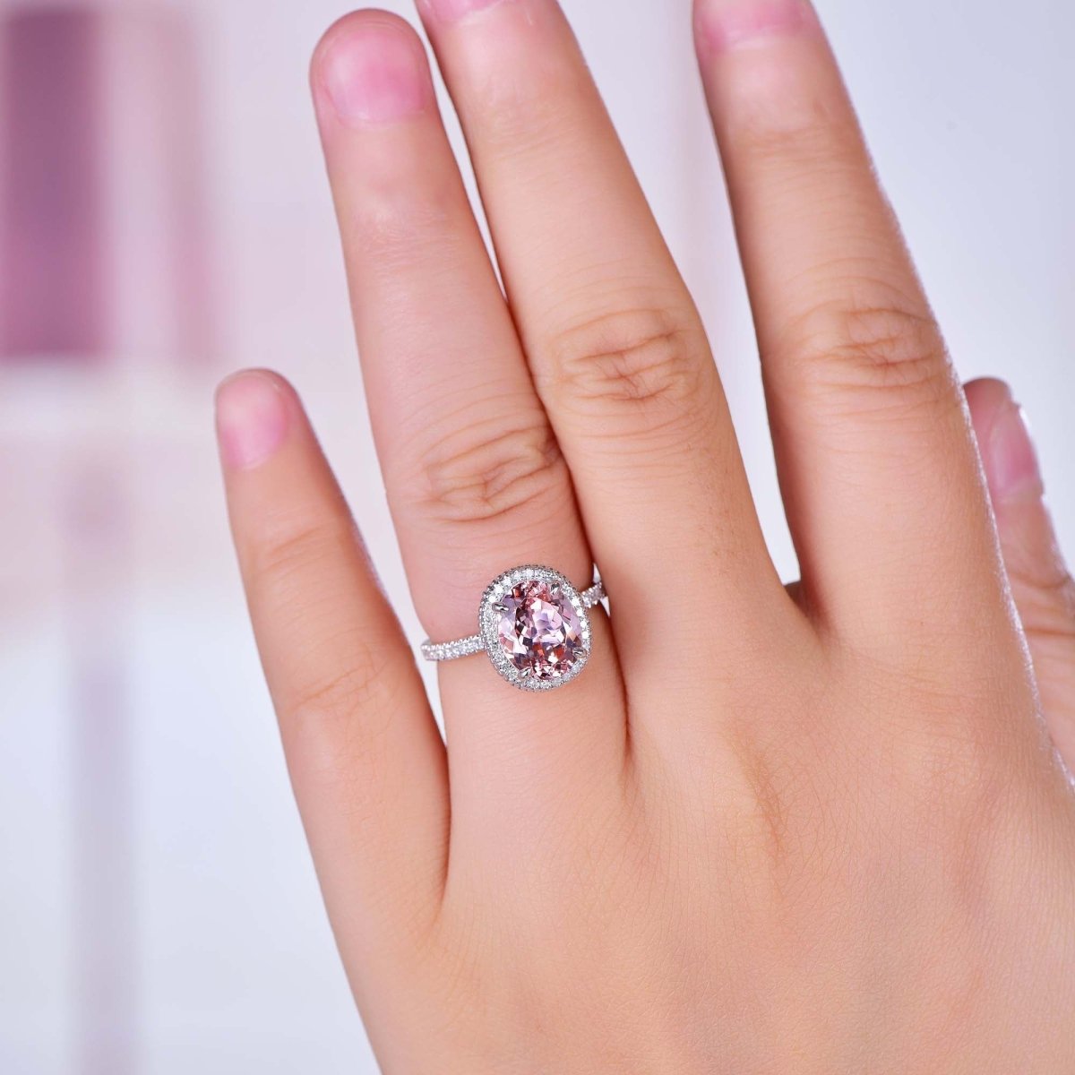 3ct Oval Morganite Engagement Ring Diamond Halo Milgrain under Gallery - Lord of Gem Rings