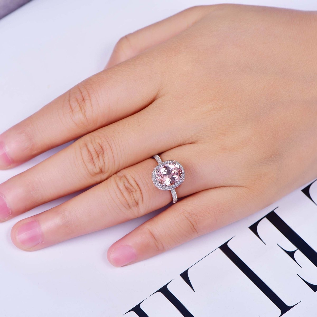 3ct Oval Morganite Engagement Ring Diamond Halo Milgrain under Gallery - Lord of Gem Rings