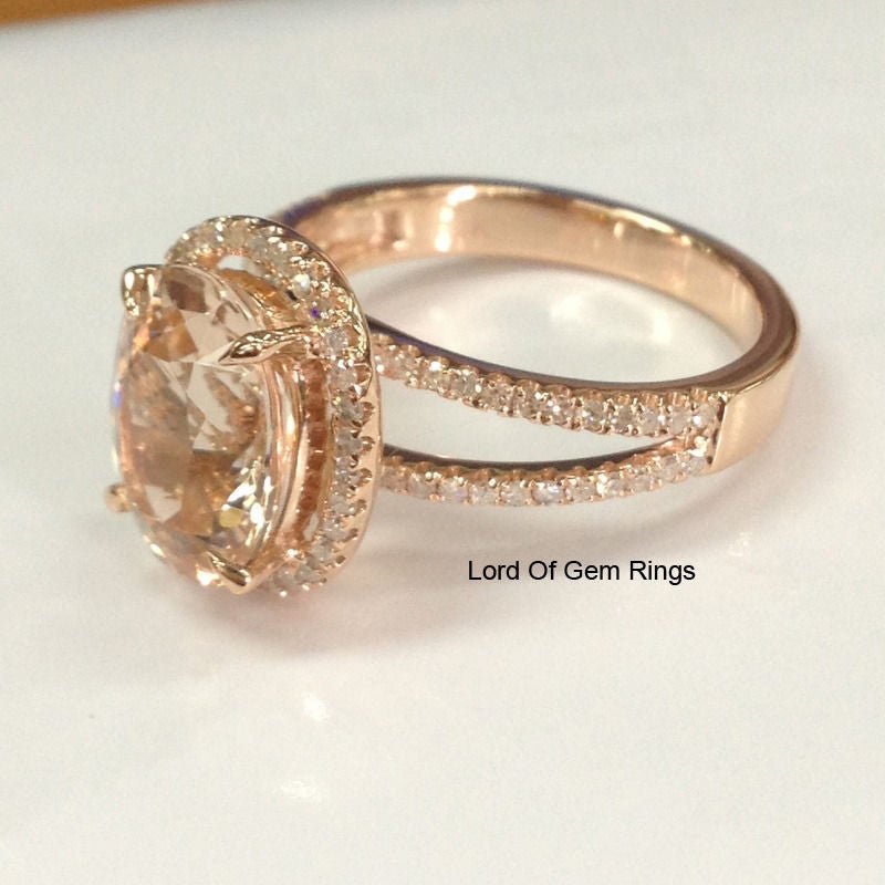 3ct Oval Morganite Ring Diamond Split Shank 14K Rose Gold - Lord of Gem Rings