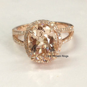 3ct Oval Morganite Ring Diamond Split Shank 14K Rose Gold - Lord of Gem Rings