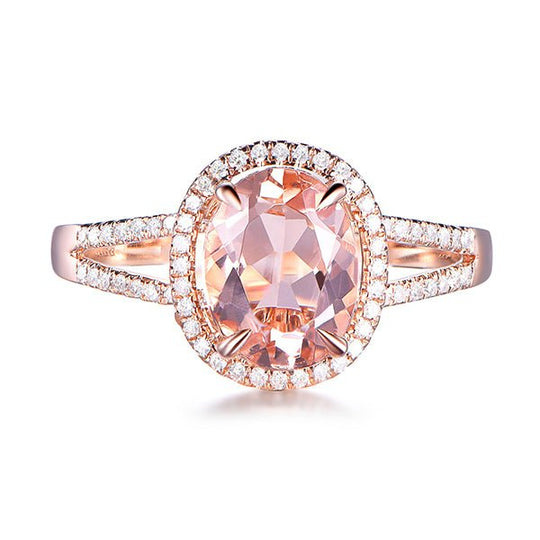 3ct Oval Morganite Ring Diamond  Split Shank 14K Rose Gold