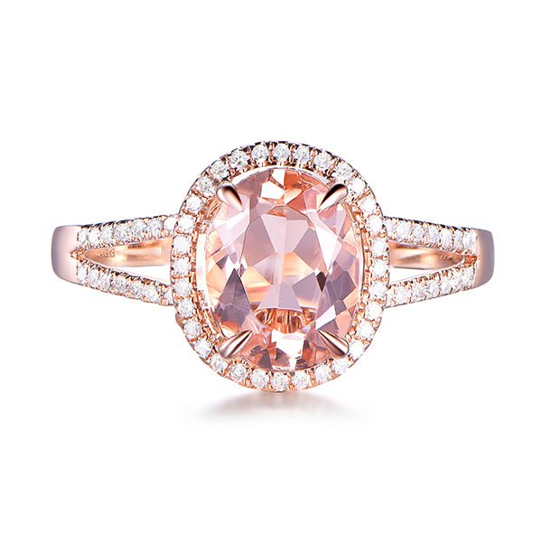 3ct Oval Morganite Ring Diamond Split Shank 14K Rose Gold - Lord of Gem Rings