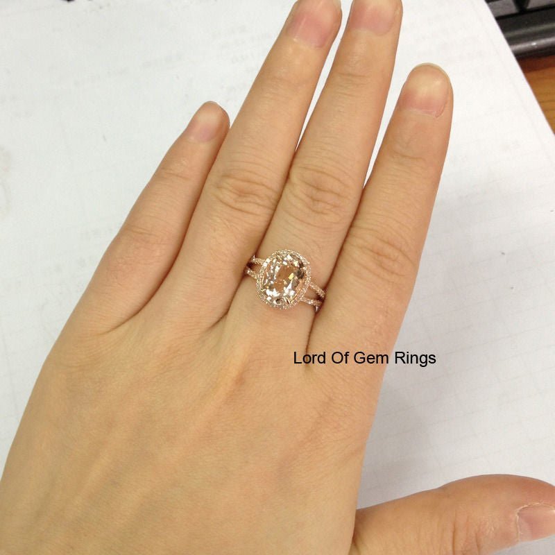 3ct Oval Morganite Ring Diamond Split Shank 14K Rose Gold - Lord of Gem Rings