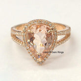 3ct Pear Morganite Ring Diamond Split Shank 14K Rose Gold - Lord of Gem Rings