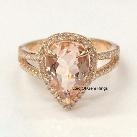 3ct Pear Morganite Ring Diamond Split Shank 14K Rose Gold