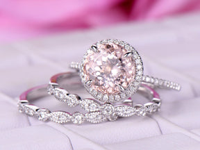 3ct Round Morganite Halo Ring Art Deco Diamond Wedding Trio Set - Lord of Gem Rings