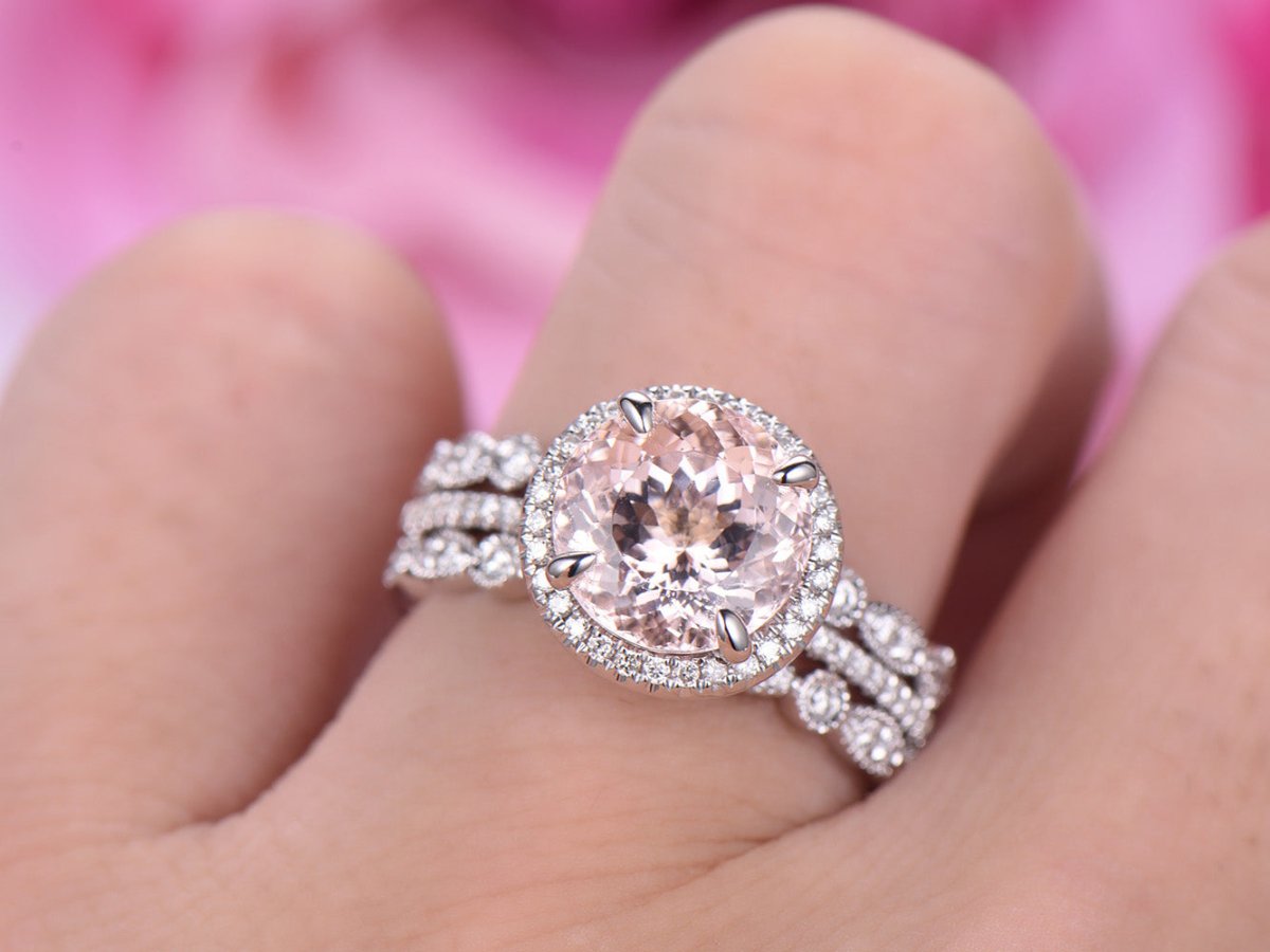 3ct Round Morganite Halo Ring Art Deco Diamond Wedding Trio Set - Lord of Gem Rings