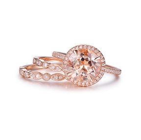 3ct Round Morganite Halo Ring Art Deco Diamond Wedding Trio Set - Lord of Gem Rings