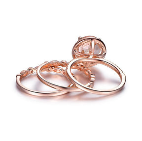 3ct Round Morganite Halo Ring Art Deco Diamond Wedding Trio Set - Lord of Gem Rings