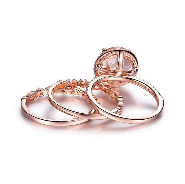 3ct Round Morganite Halo Ring Art Deco Diamond Wedding Trio Set - Lord of Gem Rings