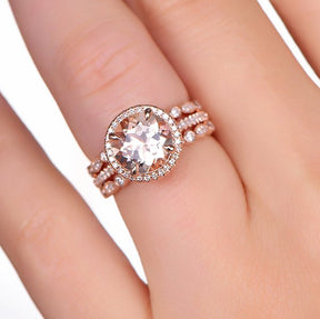 3ct Round Morganite Halo Ring Art Deco Diamond Wedding Trio Set - Lord of Gem Rings