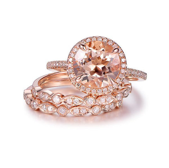 3ct Round Morganite Halo Ring Art Deco Diamond Wedding Trio Set