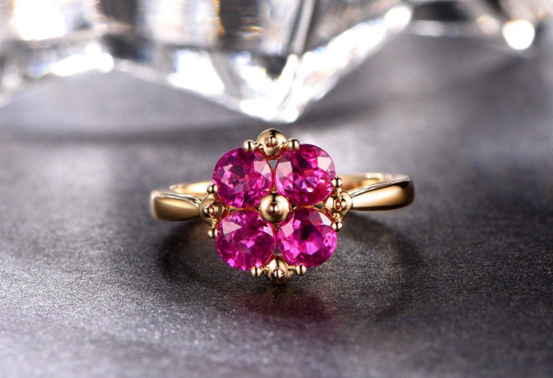 4-Stone Round Pink Tourmaline Cluster Ring 14K Yellow Gold - Lord of Gem Rings