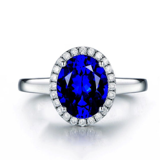 4A Blue Oval Tanzanite Ring Diamond Halo 18K Gold