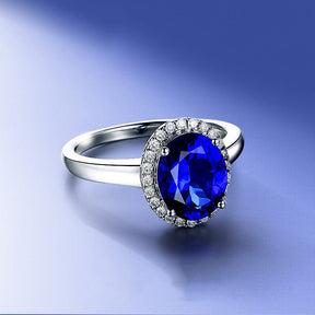 4A Blue Oval Tanzanite Ring Diamond Halo 18K Gold - Lord of Gem Rings