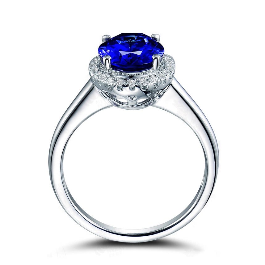 4A Blue Oval Tanzanite Ring Diamond Halo 18K Gold - Lord of Gem Rings