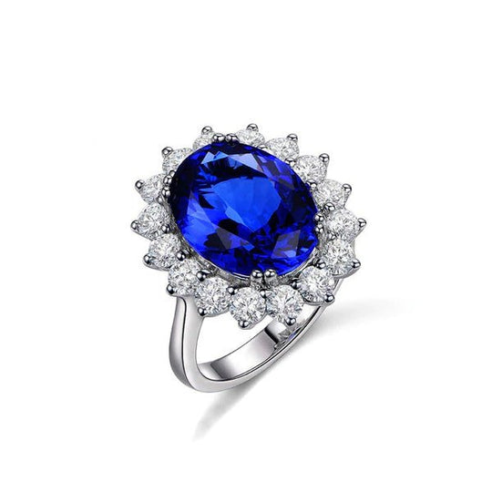 4A Blue Tanzanite Princess Diana Ring Diamond Halo in 18K Gold