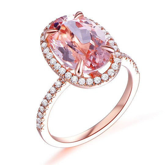 4ct Elongated Morganite Engagement Halo Ring 14K Gold