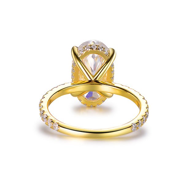 4ct Elongated Oval Crushed Ice Cut Moissanite Diamond Hidden Halo Engagement Ring 14K Yellow Gold - Lord of Gem Rings