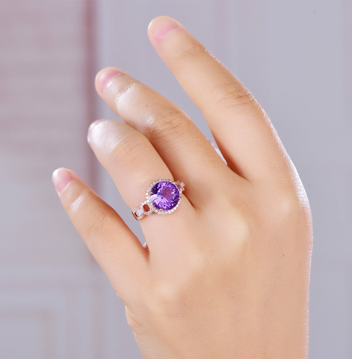 4ct Round Amethyst Baguette Diamond Ring 14K Gold - Lord of Gem Rings