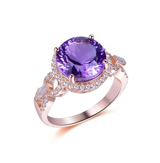 4ct Round Amethyst Baguette Diamond Ring 14K Gold