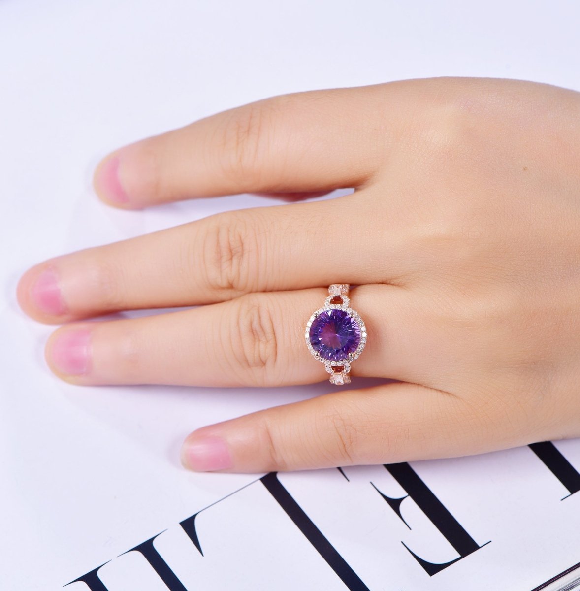 4ct Round Amethyst Baguette Diamond Ring 14K Gold - Lord of Gem Rings