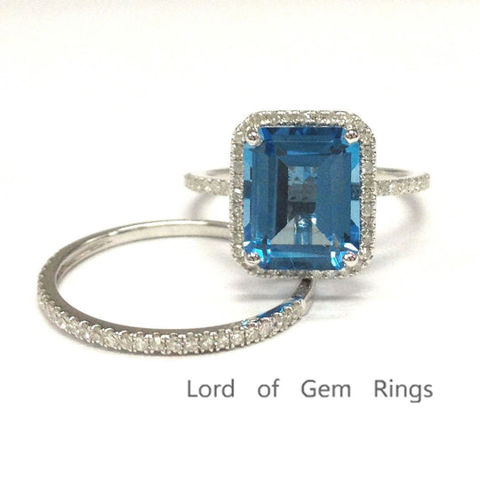 4ctw Emerald Cut Blue Topaz Diamond Bridal Set 14K White Gold