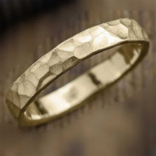 4mm Handcrafted Hammer Gold Wedding Band Matte Finish Eternity Anniversary Ring 14K Yellow Gold
