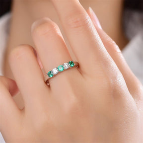 5-Stone Emerald & Moissanite Ring May Birthstone Band Mother's Ring - Lord of Gem Rings