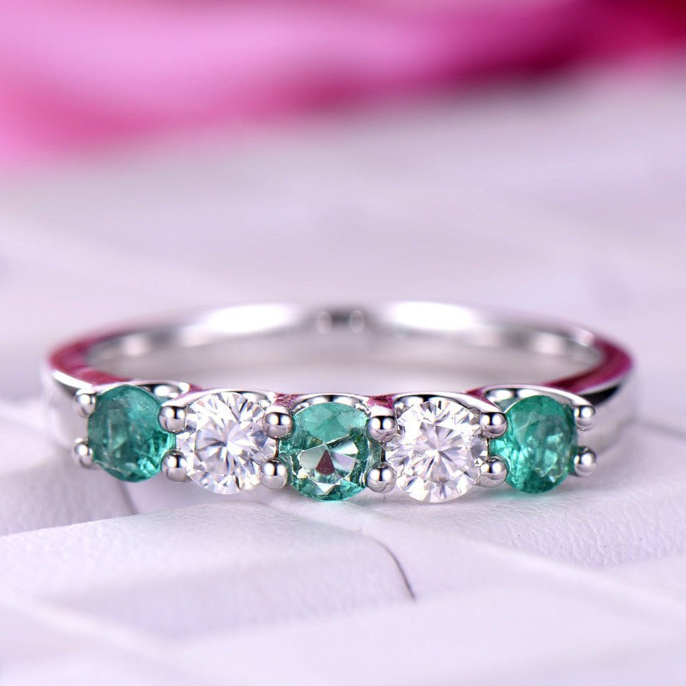 5-Stone Emerald & Moissanite Ring May Birthstone Band Mother's Ring - Lord of Gem Rings