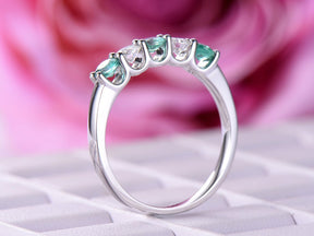 5-Stone Emerald & Moissanite Ring May Birthstone Band Mother's Ring - Lord of Gem Rings