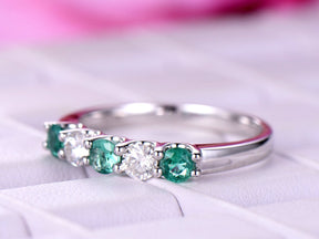 5-Stone Emerald & Moissanite Ring May Birthstone Band Mother's Ring - Lord of Gem Rings