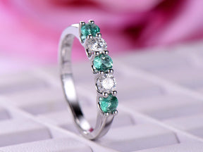 5-Stone Emerald & Moissanite Ring May Birthstone Band Mother's Ring - Lord of Gem Rings