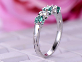 5-Stone Emerald & Moissanite Ring May Birthstone Band Mother's Ring - Lord of Gem Rings