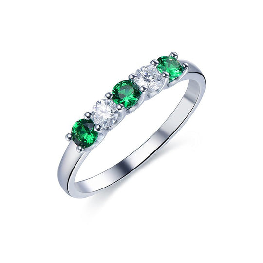 5-Stone Emerald & Moissanite Ring May Birthstone Band Mother's Ring
