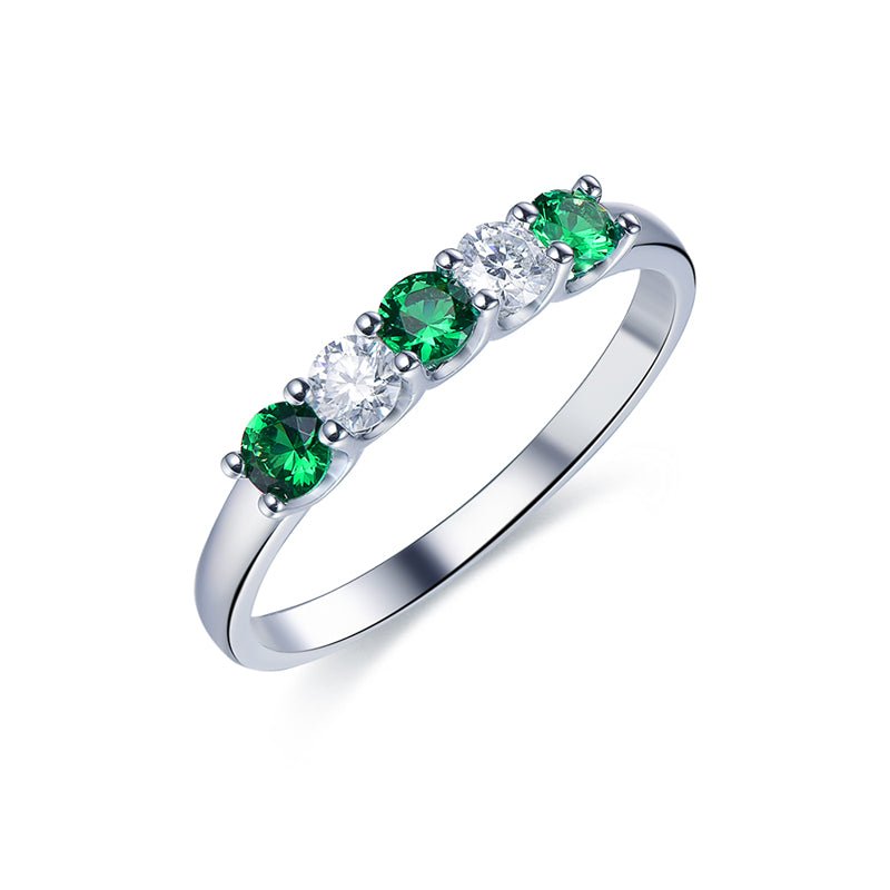 5-Stone Emerald & Moissanite Ring May Birthstone Band Mother's Ring - Lord of Gem Rings