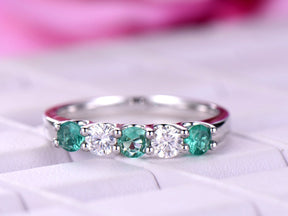 5-Stone Emerald & Moissanite Ring May Birthstone Band Mother's Ring - Lord of Gem Rings