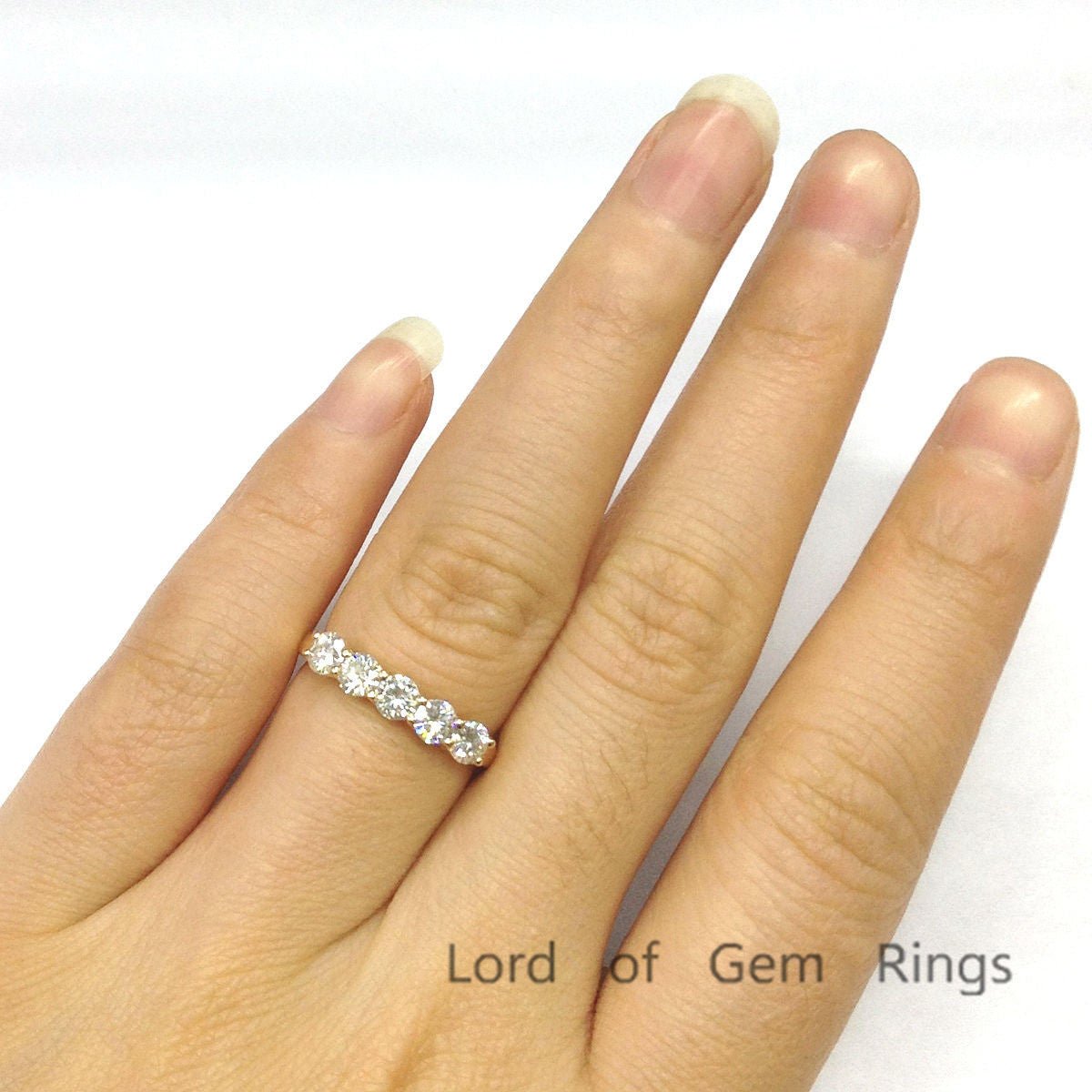 5-Stone Moissanite Cross Prong Wedding Band 14K Yellow Gold-3.5mm Round - Lord of Gem Rings