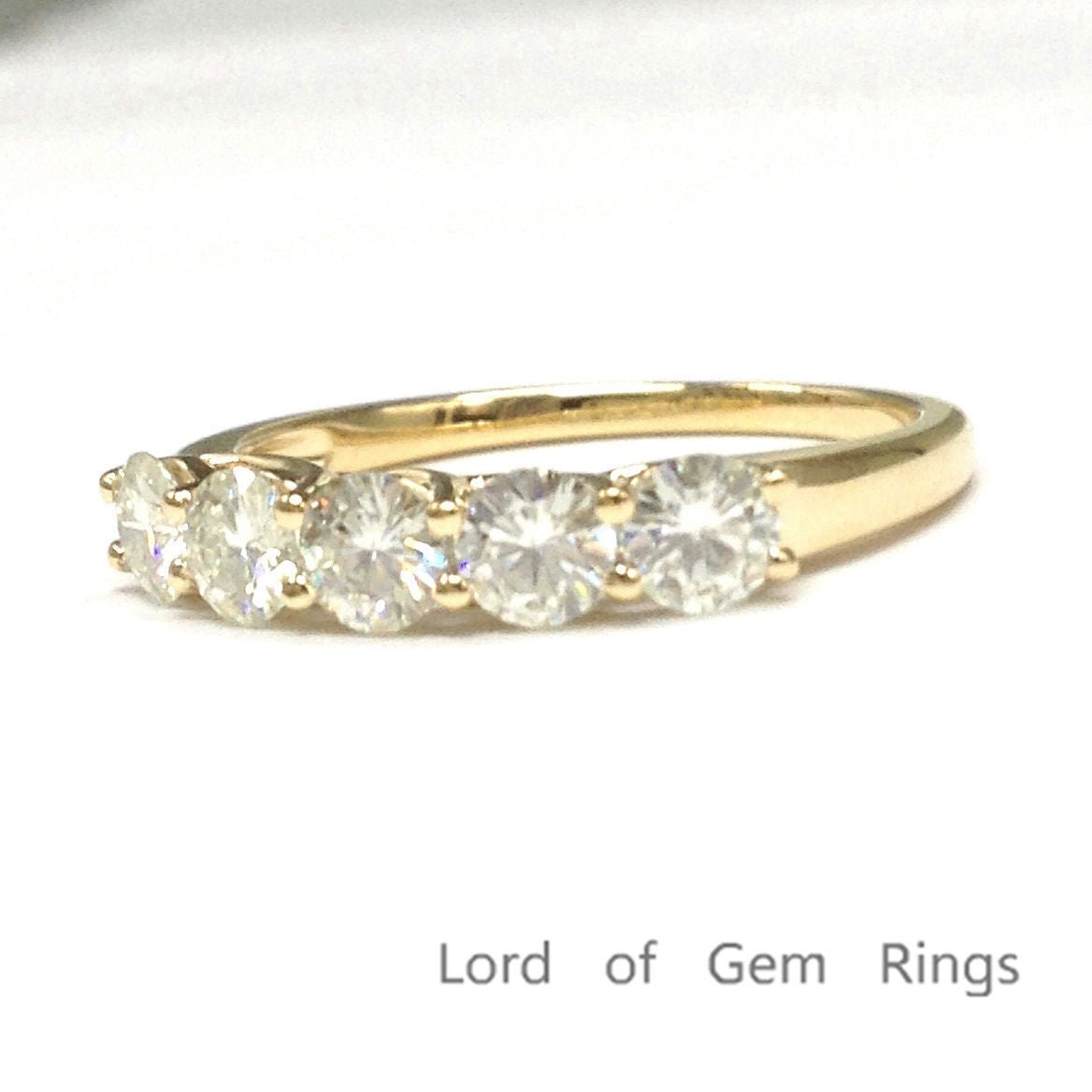 5-Stone Moissanite Cross Prong Wedding Band 14K Yellow Gold-3.5mm Round - Lord of Gem Rings