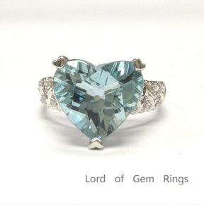 5.2ct Heart Aquamarine Filigree Shank Engagement Ring 14K White Gold - Lord of Gem Rings