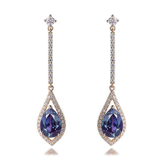 5.3ct Pear Alexandrite Moissanite Stud Drop Earrings in 14K Yellow Gold