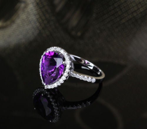 5.3ct Pear Dark Purple Amethyst Diamond Halo Ring 14k White Gold - Lord of Gem Rings