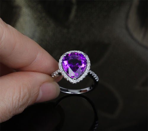 5.3ct Pear Dark Purple Amethyst Diamond Halo Ring 14k White Gold - Lord of Gem Rings