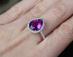 5.3ct Pear Dark Purple Amethyst Diamond Halo Ring 14k White Gold - Lord of Gem Rings