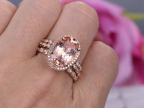 5.5ct Elongated Oval Morganite Milgrain Under Gallery Trio Bridal Set - Lord of Gem Rings