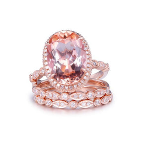 5.5ct Elongated Oval Morganite Milgrain Under Gallery Trio Bridal Set - Lord of Gem Rings