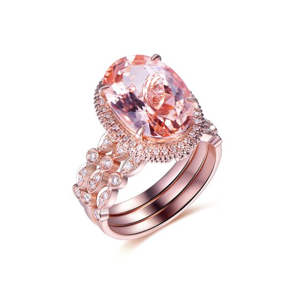 5.5ct Elongated Oval Morganite Milgrain Under Gallery Trio Bridal Set - Lord of Gem Rings