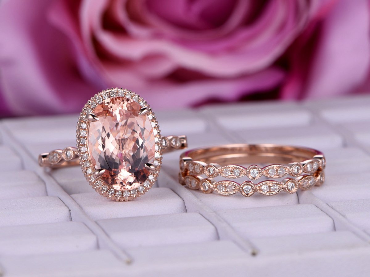 5.5ct Elongated Oval Morganite Milgrain Under Gallery Trio Bridal Set - Lord of Gem Rings