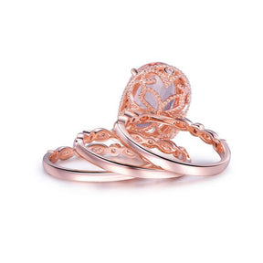 5.5ct Elongated Oval Morganite Milgrain Under Gallery Trio Bridal Set - Lord of Gem Rings